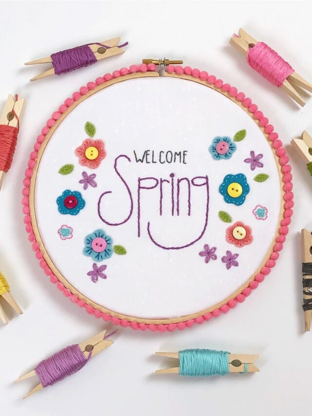 Welcome Spring Hand Embroidery Hoop with pom pom trim