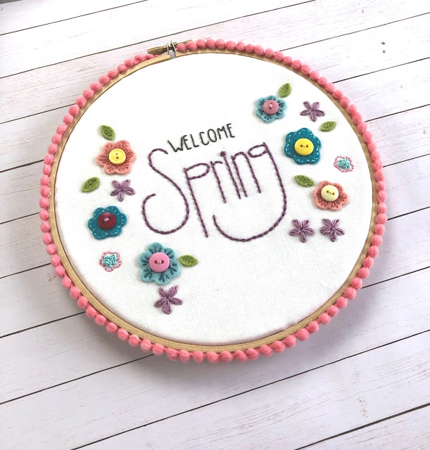 Welcome Spring Hand Embroidery Hoop with pom pom trim