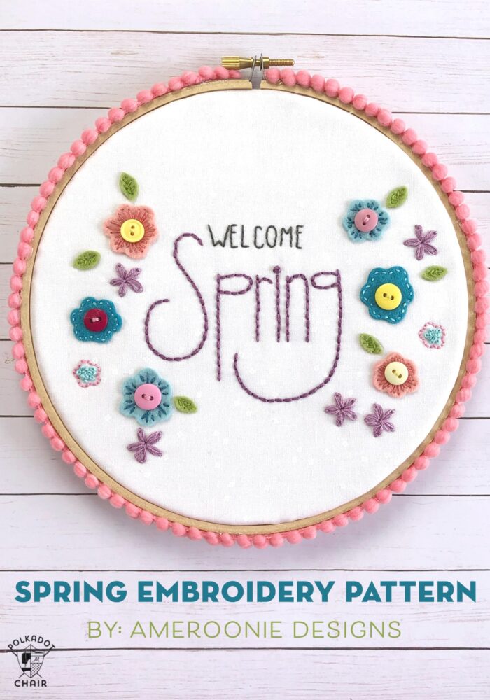 Welcome Spring Hand Embroidery Hoop with pom pom trim