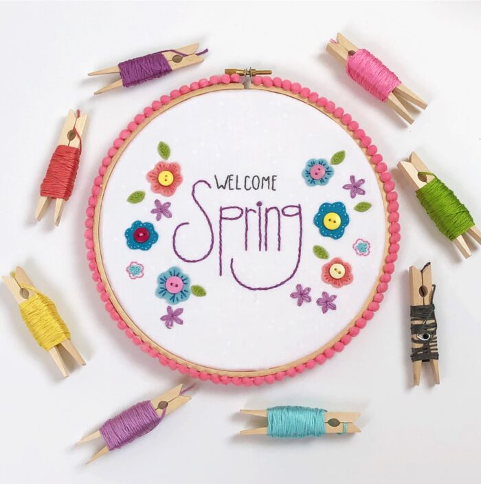 Welcome Spring Hand Embroidery Hoop with pom pom trim