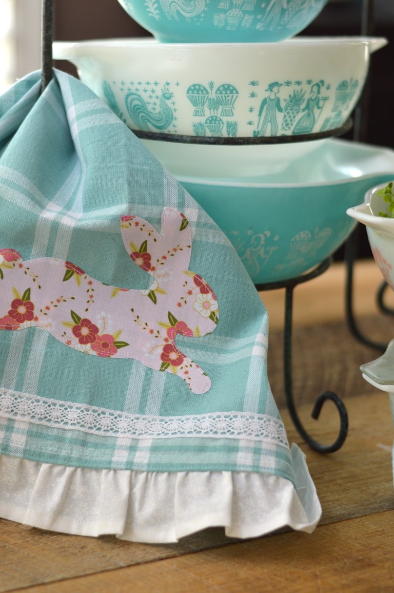 aqua tea towel on kitchen counter