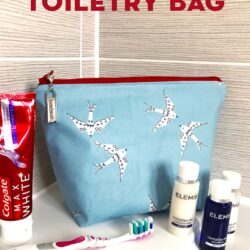 Laminated toiletry bag on bathroom counter