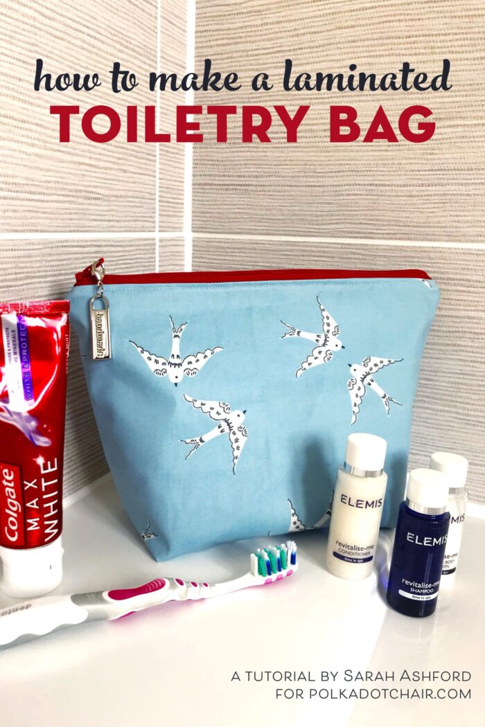 Laminated toiletry bag on bathroom counter