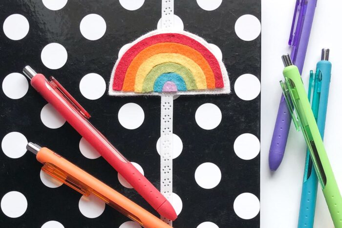 Rainbow Felt bookmark on polka dot journal
