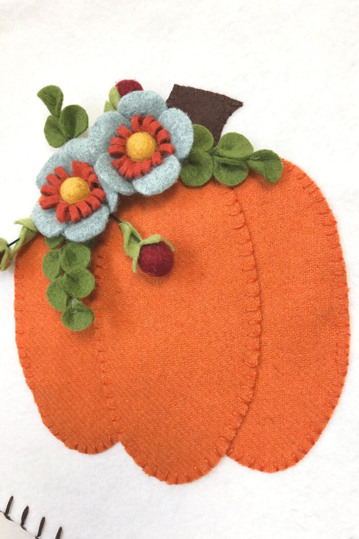 Autumn Pumpkin Banner close up of wool felt flowers