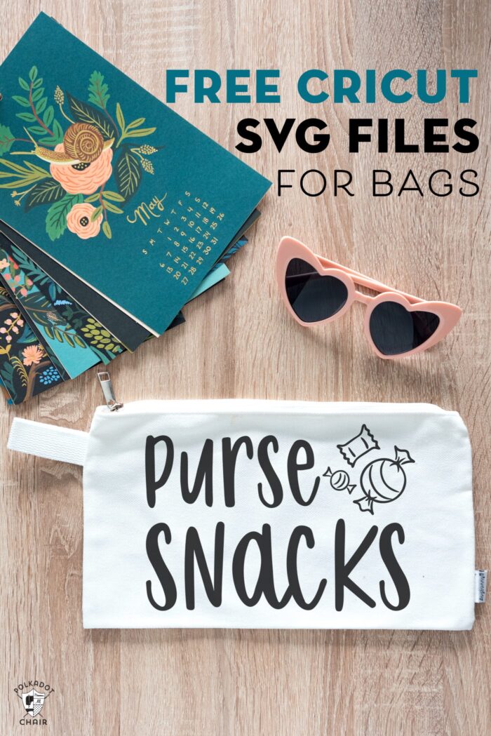 Purse snacks cricut svg file cut out and applied to a white zip bag laying on a table top. 