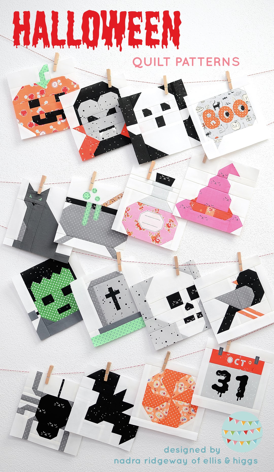 multiple halloween quilt blocks on a clothesline