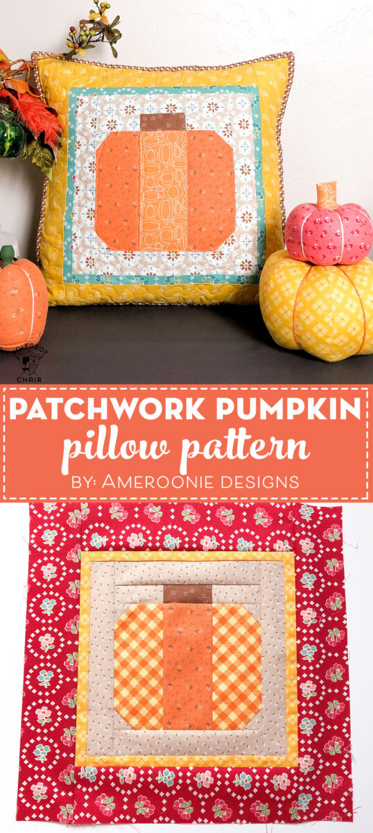 Patchwork Pumpkin Pillow on table decorated for Fall with fabric pumpkins