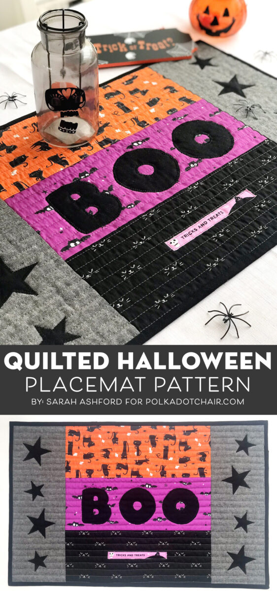 quilted halloween placemat on table with halloween decorations