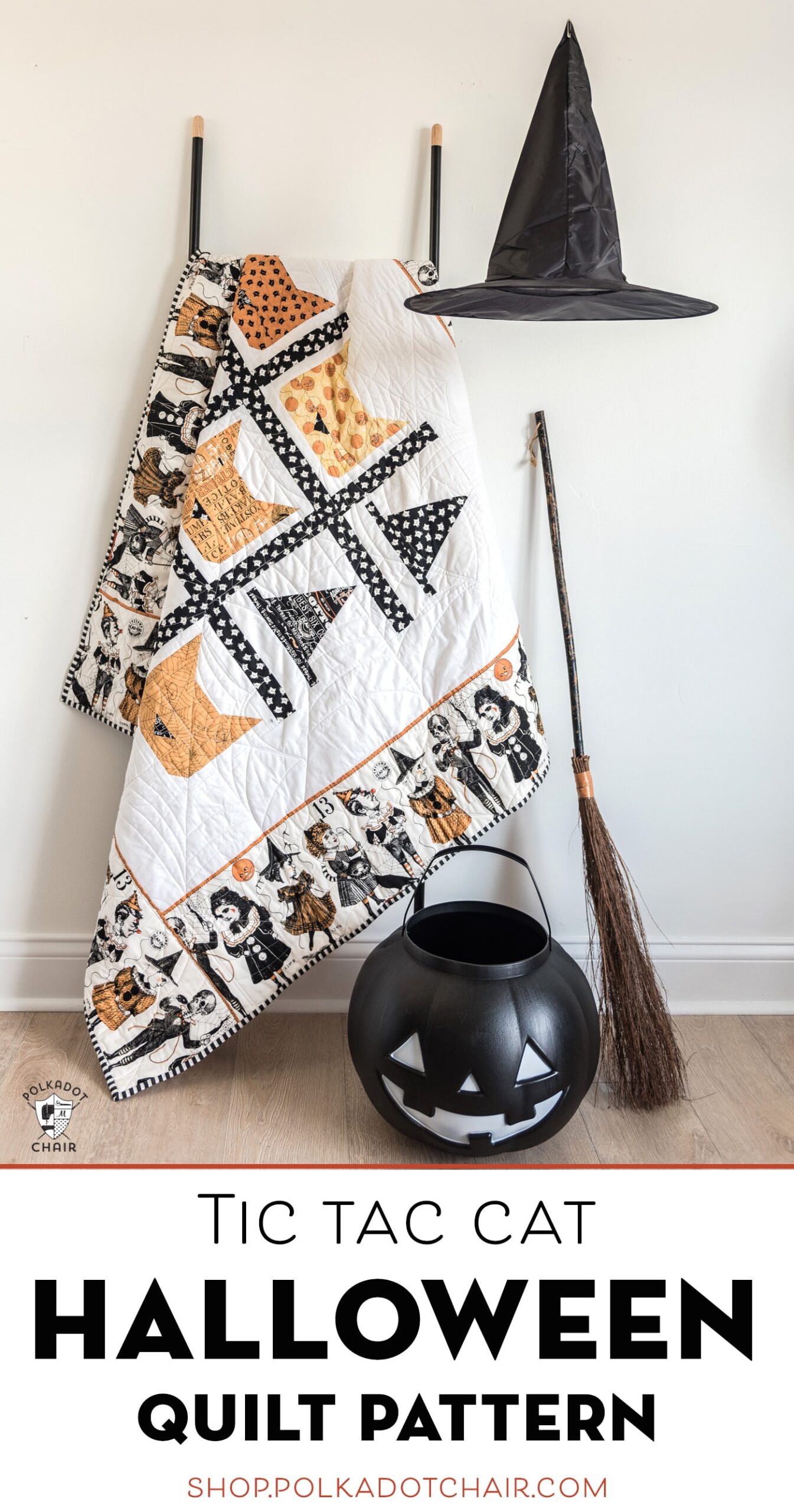 halloween quilt on ladder with witch hat