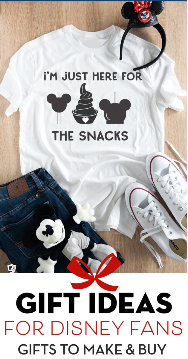 Title image for Disney Gift Ideas list. White Disney t-shirt on table.