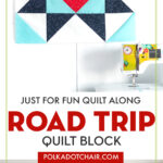 Road trip quilt block on white wall with sewing machine