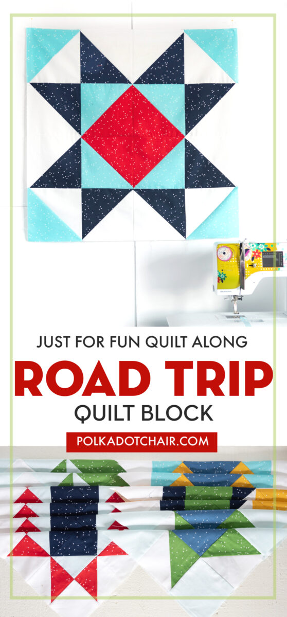 Road trip quilt block on white wall with sewing machine