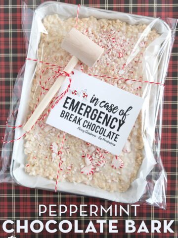 Peppermint Bark Christmas Gift on red plaid tablecloth