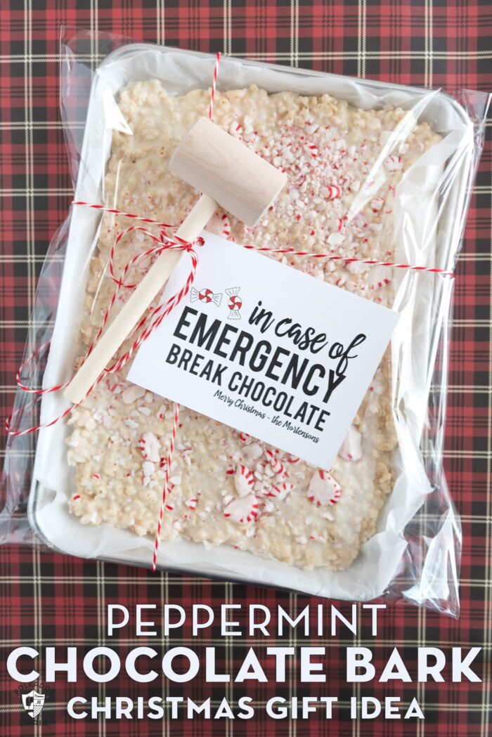 Peppermint Bark Christmas Gift on red plaid tablecloth