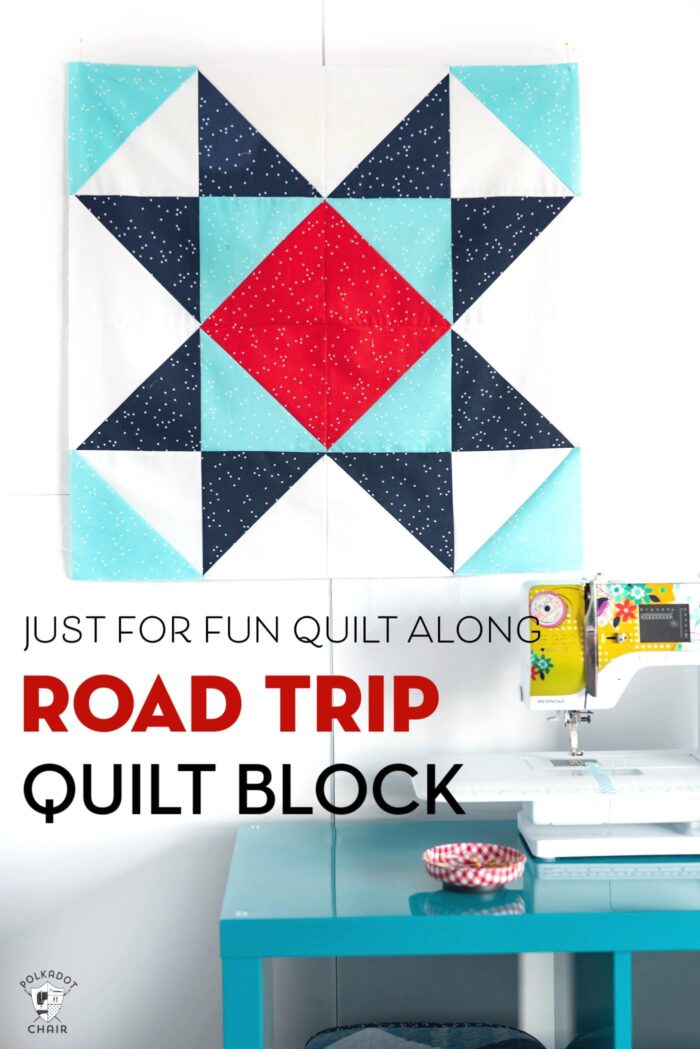 Road trip quilt block on white wall with sewing machine