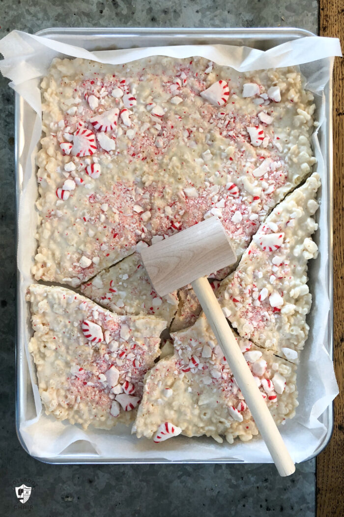 Peppermint bark broken with small hammer