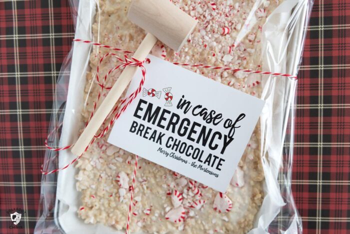 Peppermint Bark Christmas Gift on red plaid tablecloth