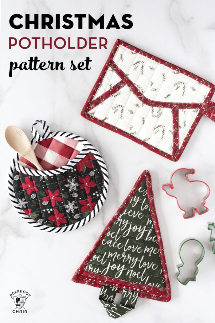 Quilted Christmas Potholders on White Marble Table