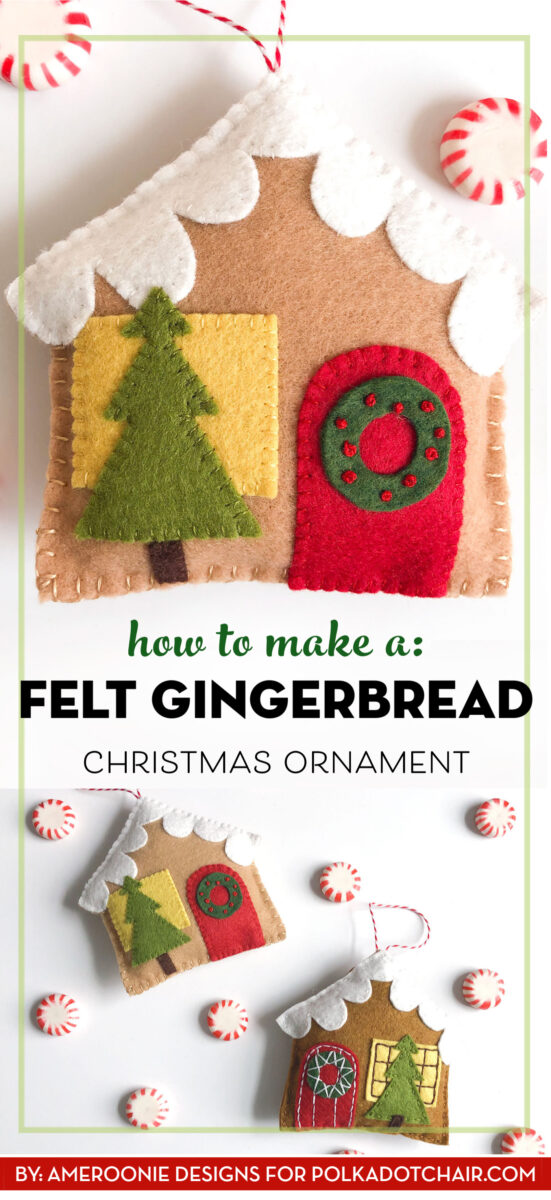 Felt Gingerbread house ornaments on white tabletop