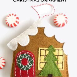 Felt Gingerbread house ornaments on white tabletop