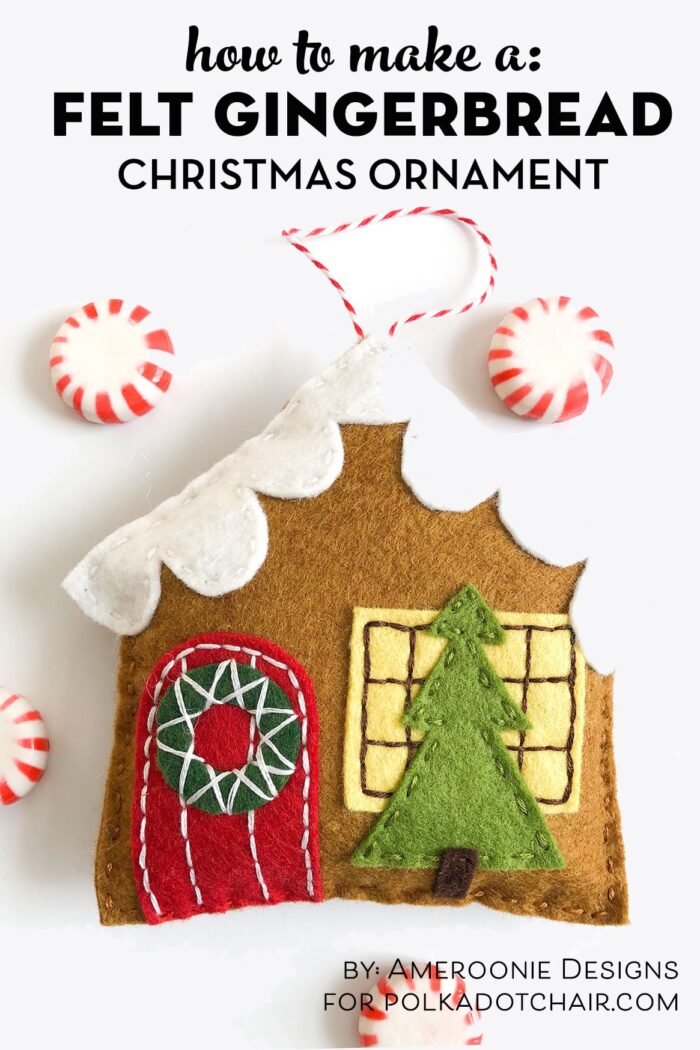 Felt Gingerbread house ornaments on white tabletop