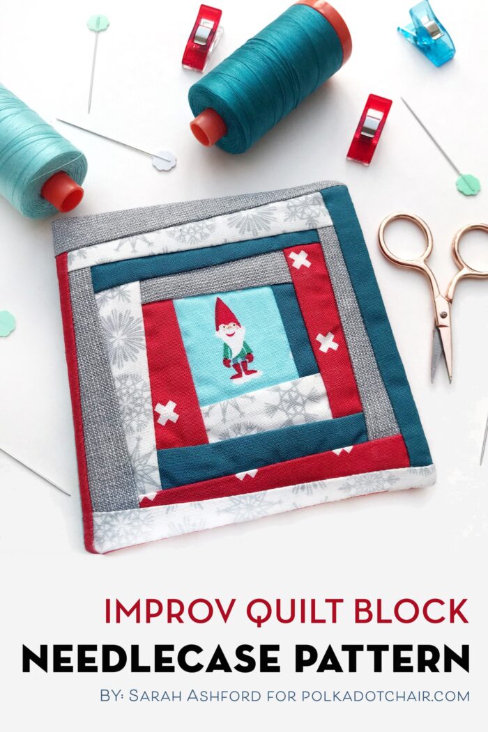 Improv quilt block needle case on white table