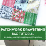 patchwork drawstring bag completed on white tabletop