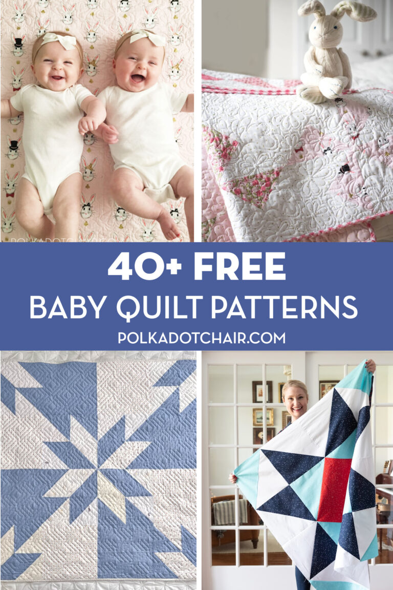 collage image of four baby quilt patterns and text