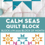 Calm seas quilt block on white cutting mat with illustration of finished quilt