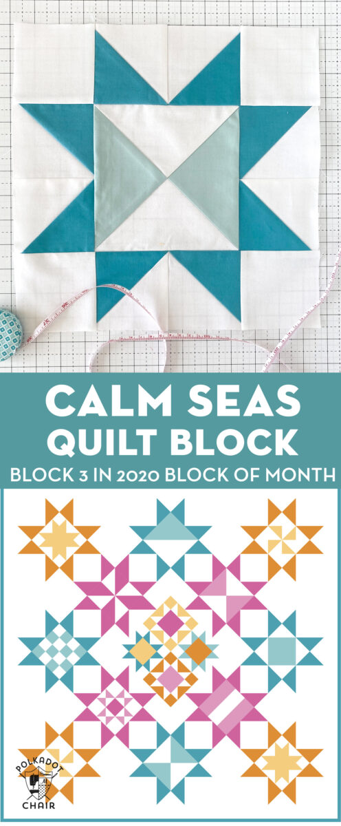 Calm seas quilt block on white cutting mat with illustration of finished quilt