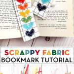 Scrappy fabric bookmarks on books in collage image