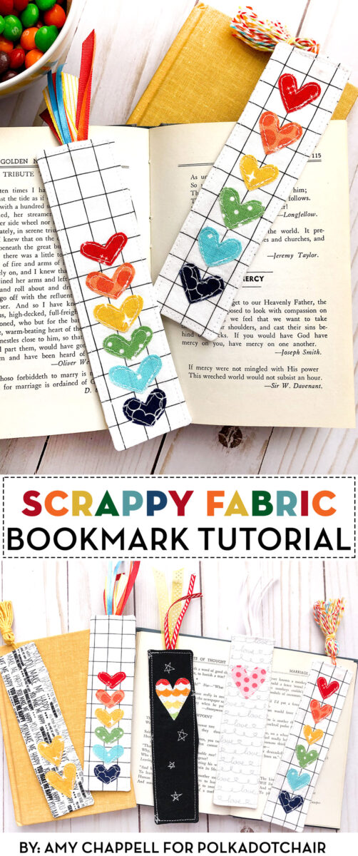 Scrappy fabric bookmarks on books in collage image