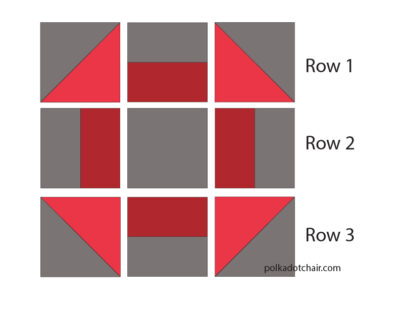 illustration of churn dash quilt block construction in white, red and gray