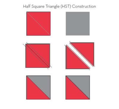 illustration of churn dash quilt block construction in white, red and gray