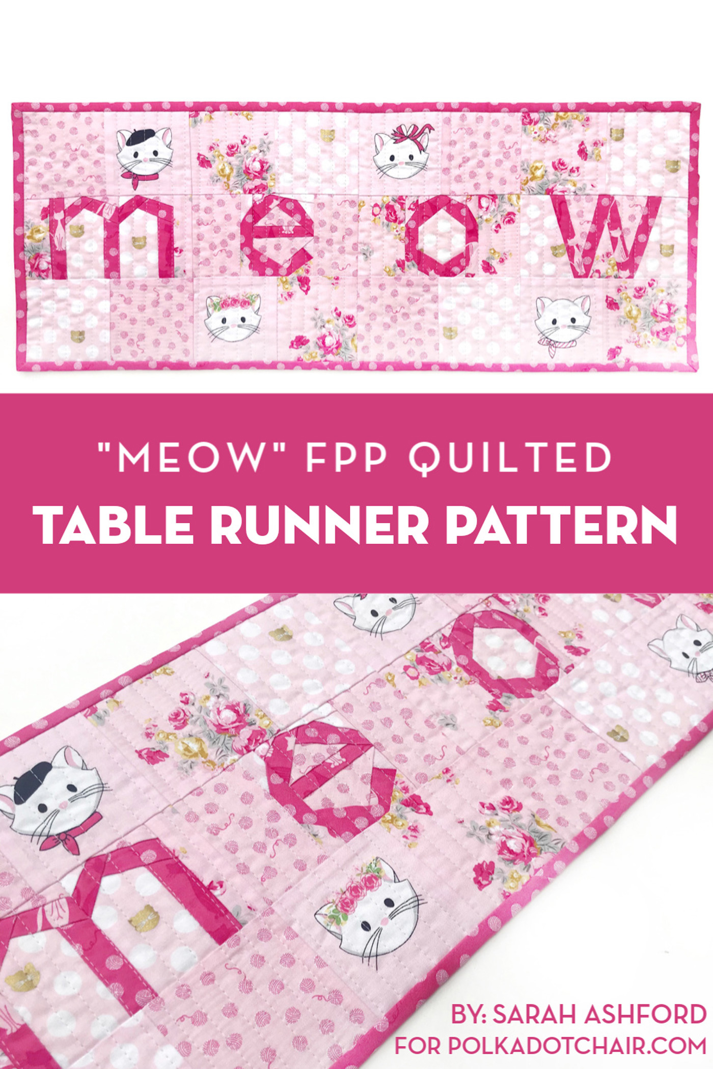 Pink and white MEOW quilted table runner on white tabletop