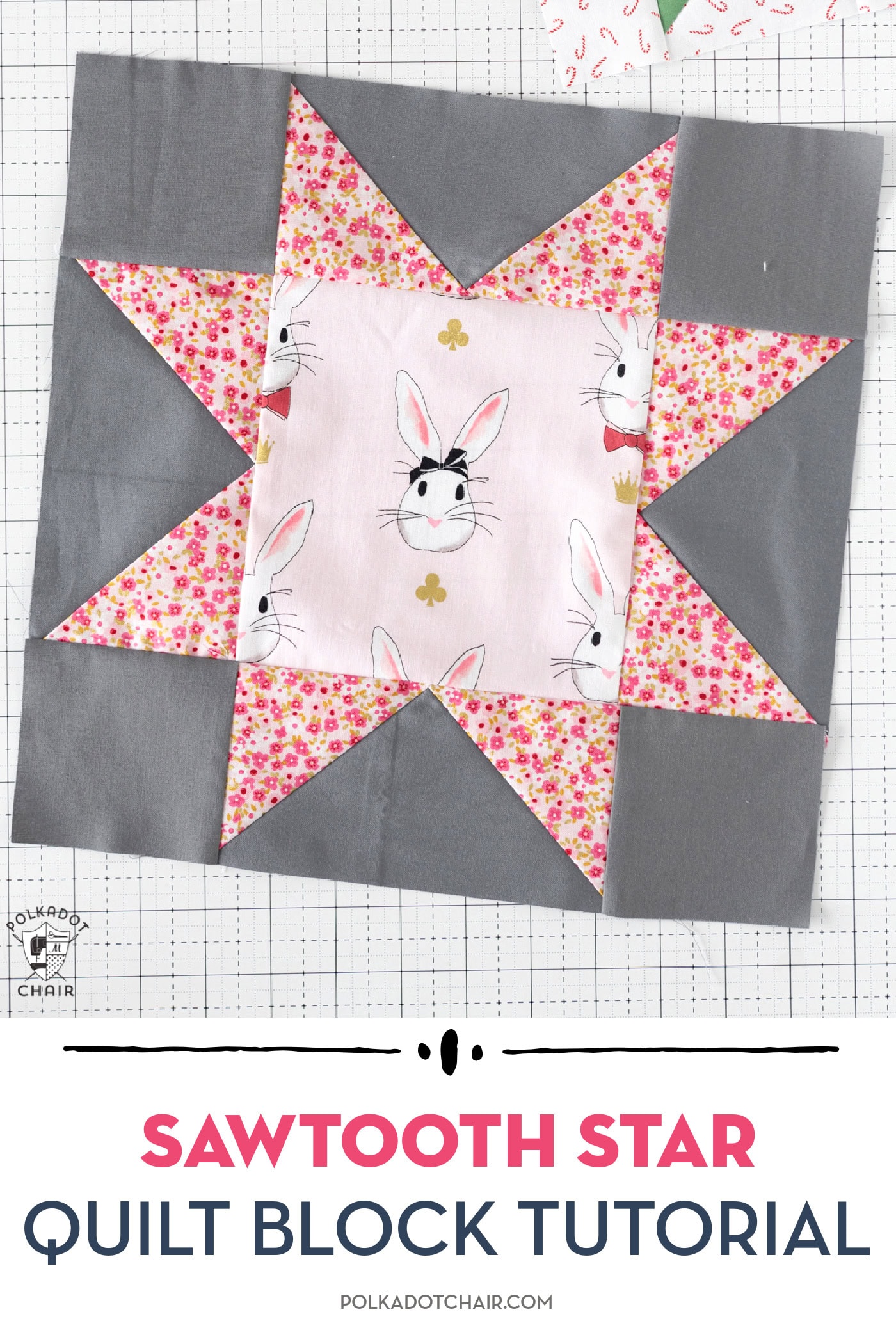 pink and gray sawtooth star quilt block on white cutting mat