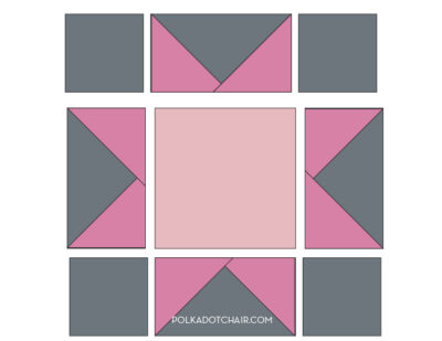 quilt block construction illustration with gray and pink fabrics.