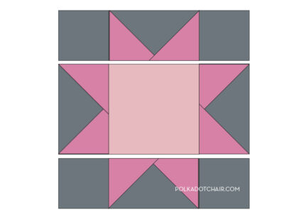 quilt block construction illustration with gray and pink fabrics.