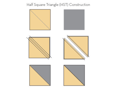 diagram of gray and yellow bear paw quilt block construction steps