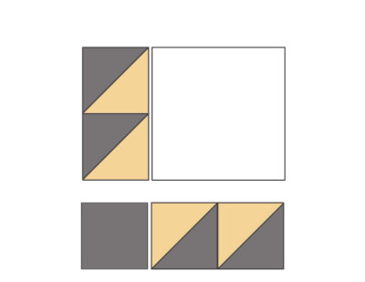 diagram of gray and yellow bear paw quilt block construction steps