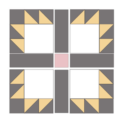 diagram of gray and yellow bear paw quilt block construction steps