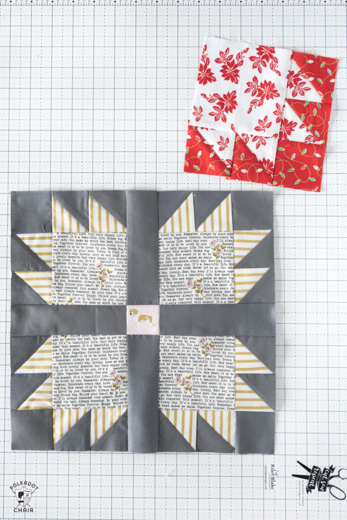quilt blocks in various colors on white cutting mat