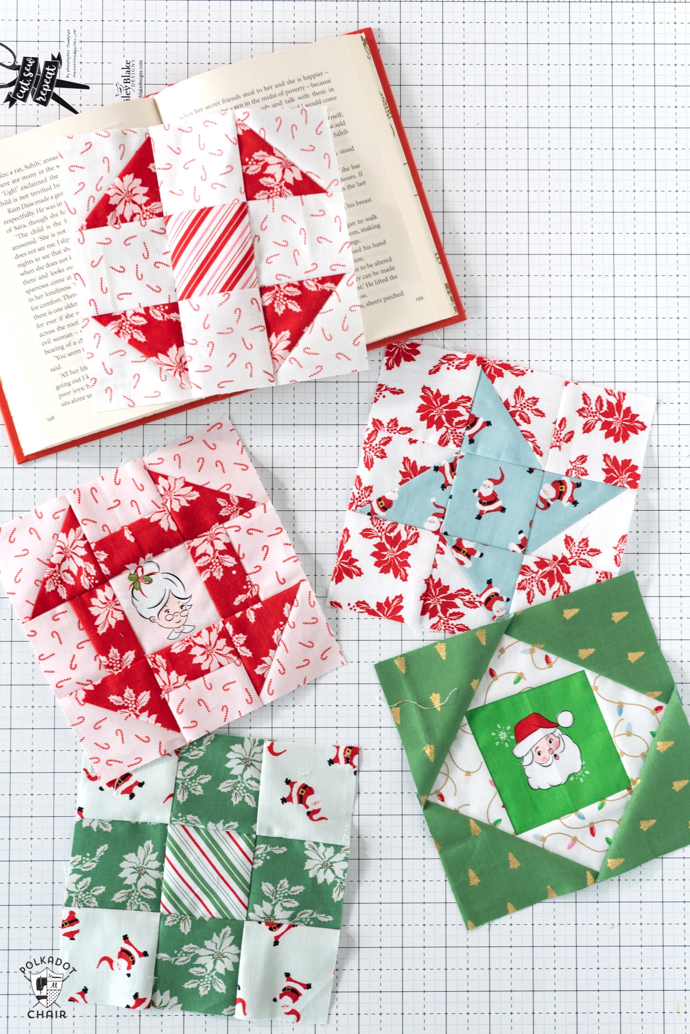 green and blue small quilt blocks made from christmas fabric on table