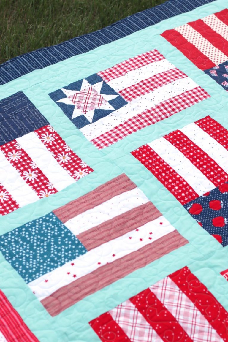 Red white and blue flag quilt outdoors