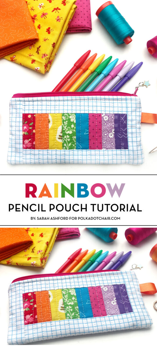 rainbow pencil pouch on white table with spools of thread and fabric