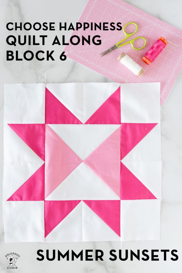 summer sunsets pink quilt block on white marble table with pink cutting mat