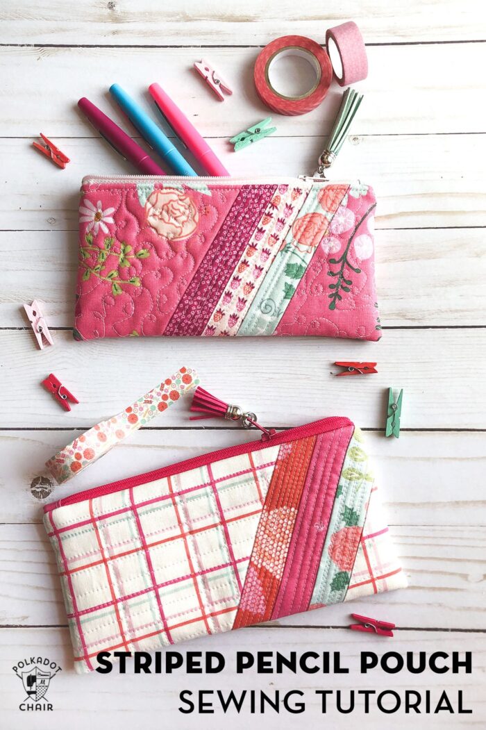 striped pencil pouch on white wood grain table with school supplies