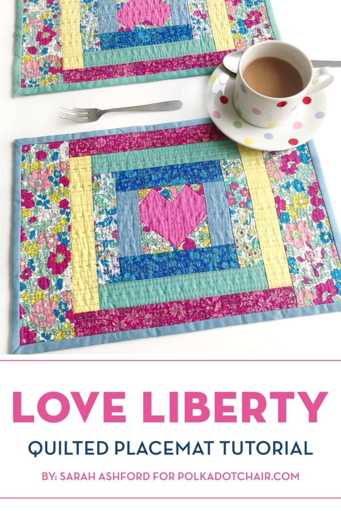 quilted placemat made from liberty fabrics on white table with polka dot tea cup