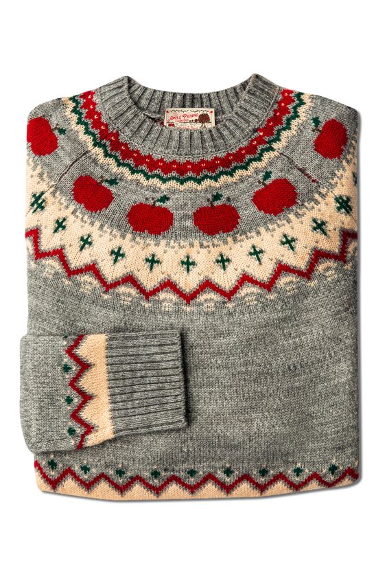 gray fair isle sweater with apples